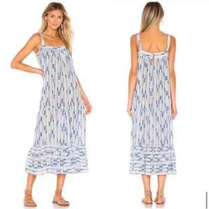 Lemlem Gigi Silk  Blue Green Herringbone Sweepy Tiered Midi Dress Size Small